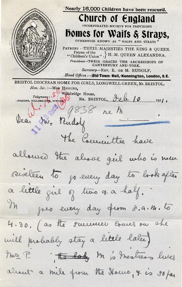 Large size image of Case 9838 5. Letter from Miss Higgins of the Bristol Home concerning M's employment  10 February 1911
 page 1