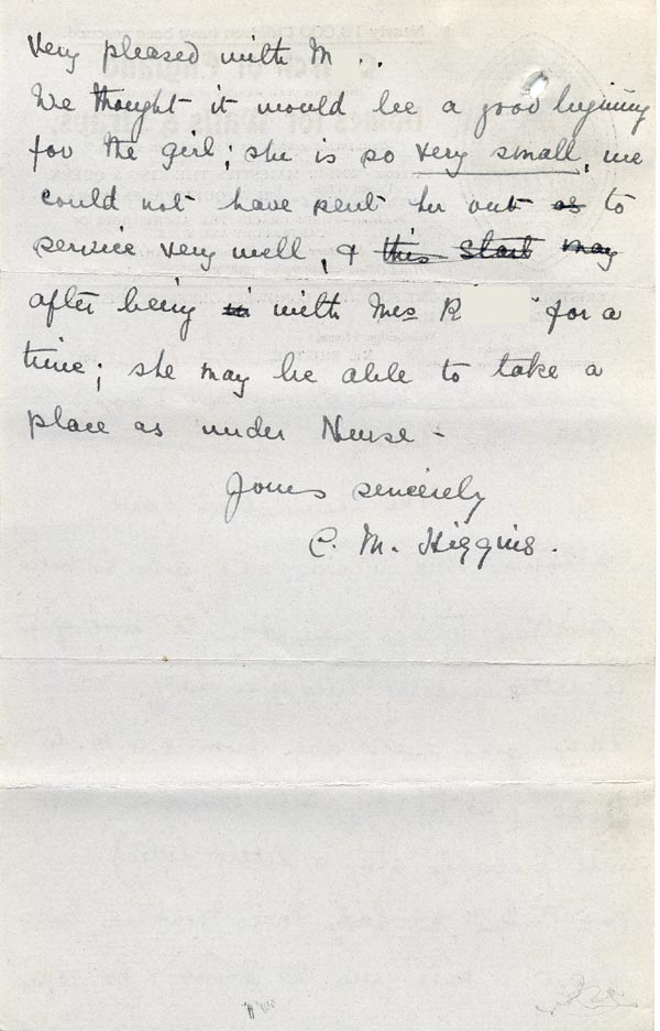 Large size image of Case 9838 5. Letter from Miss Higgins of the Bristol Home concerning M's employment  10 February 1911
 page 2