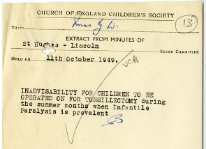Note about tonsillectomies for children from St Hugh's Home, Lincoln