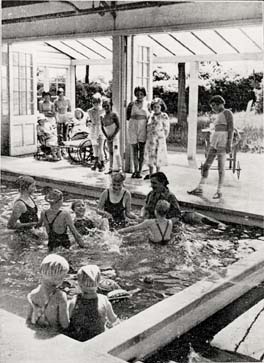 Water has been for many years seen as having therapeutic properties. Many of the Society's Homes for sick children had hydrotherapy pools for the children which would help strengthen their muscles. Those children who needed wheelchairs or callipers would be able to have a sense of freedom in the water that they couldn't have on dry land. Of course, splashing about was also great fun! 