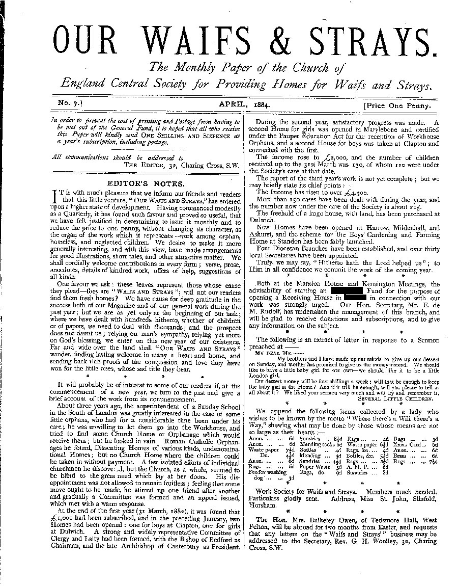 Our Waifs and Strays April 1884 - page 1