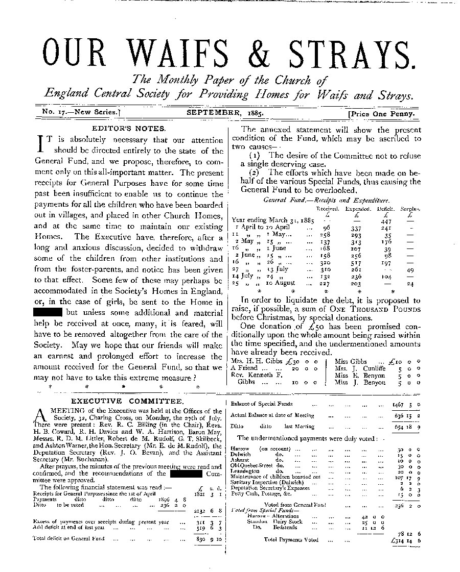 Our Waifs and Strays September 1885 - page 1