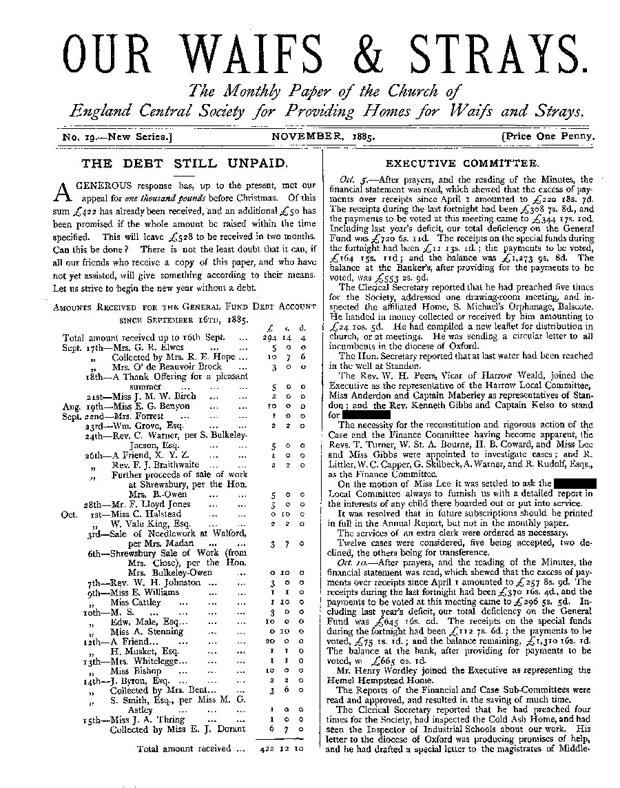 Our Waifs and Strays November 1885 - page 1