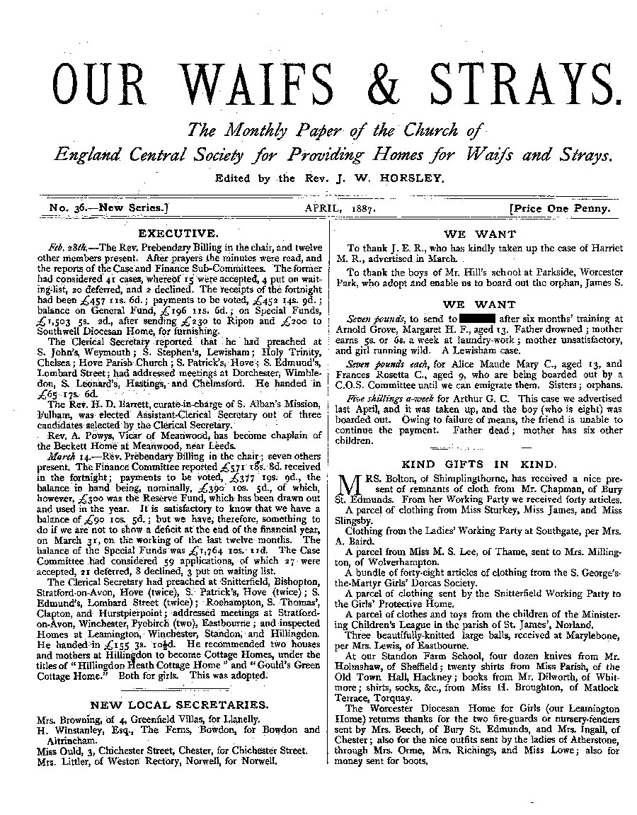 Our Waifs and Strays April 1887 - page 1