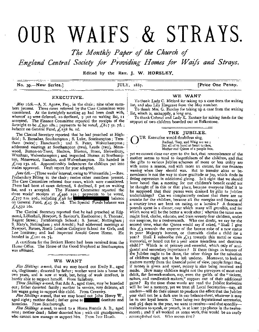 Our Waifs and Strays July 1887 - page 1