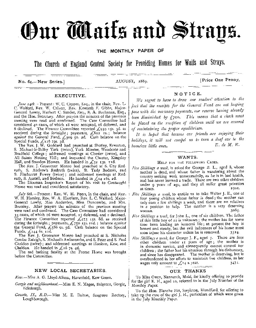 Our Waifs and Strays August 1889 - page 1