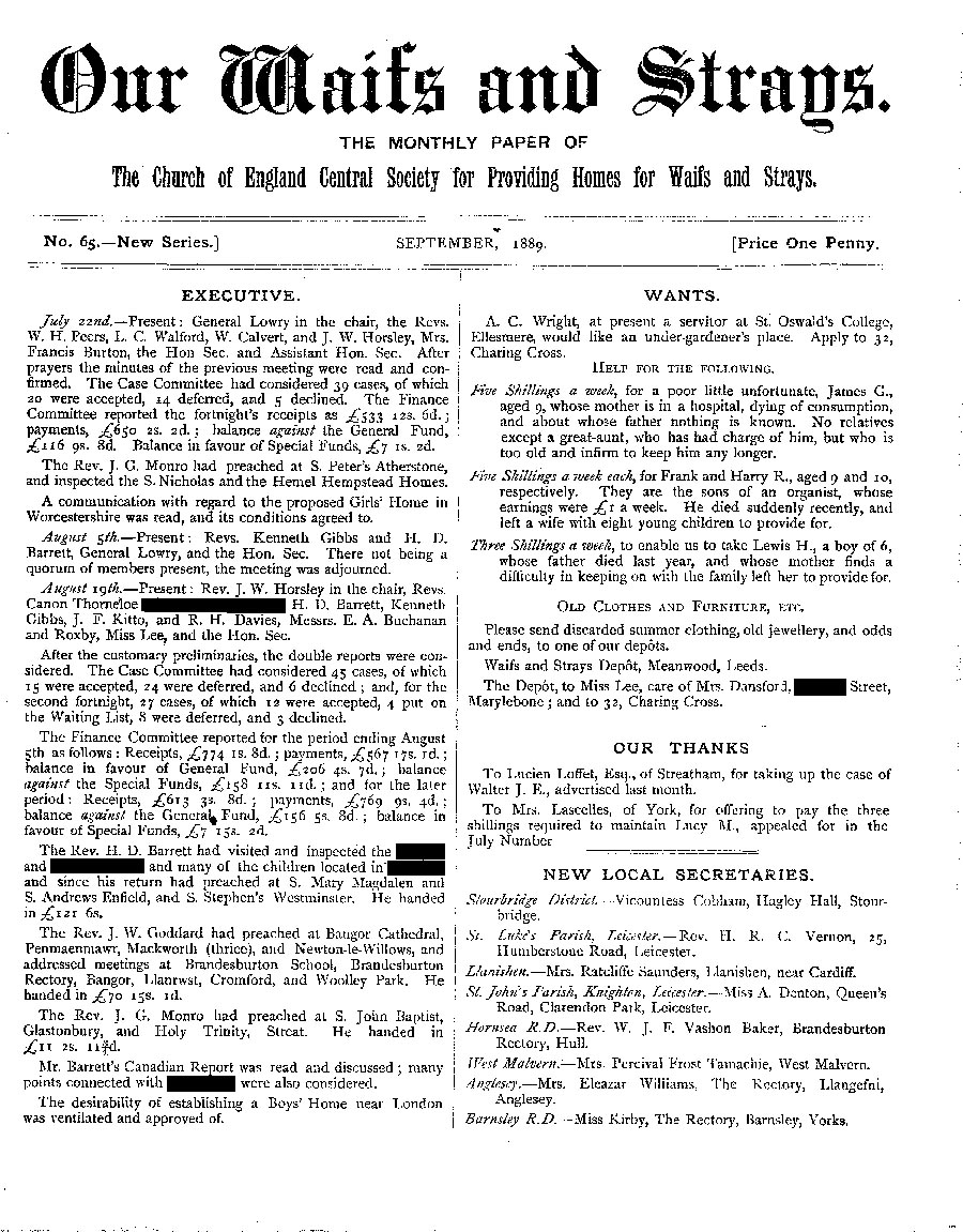 Our Waifs and Strays September 1889 - page 1