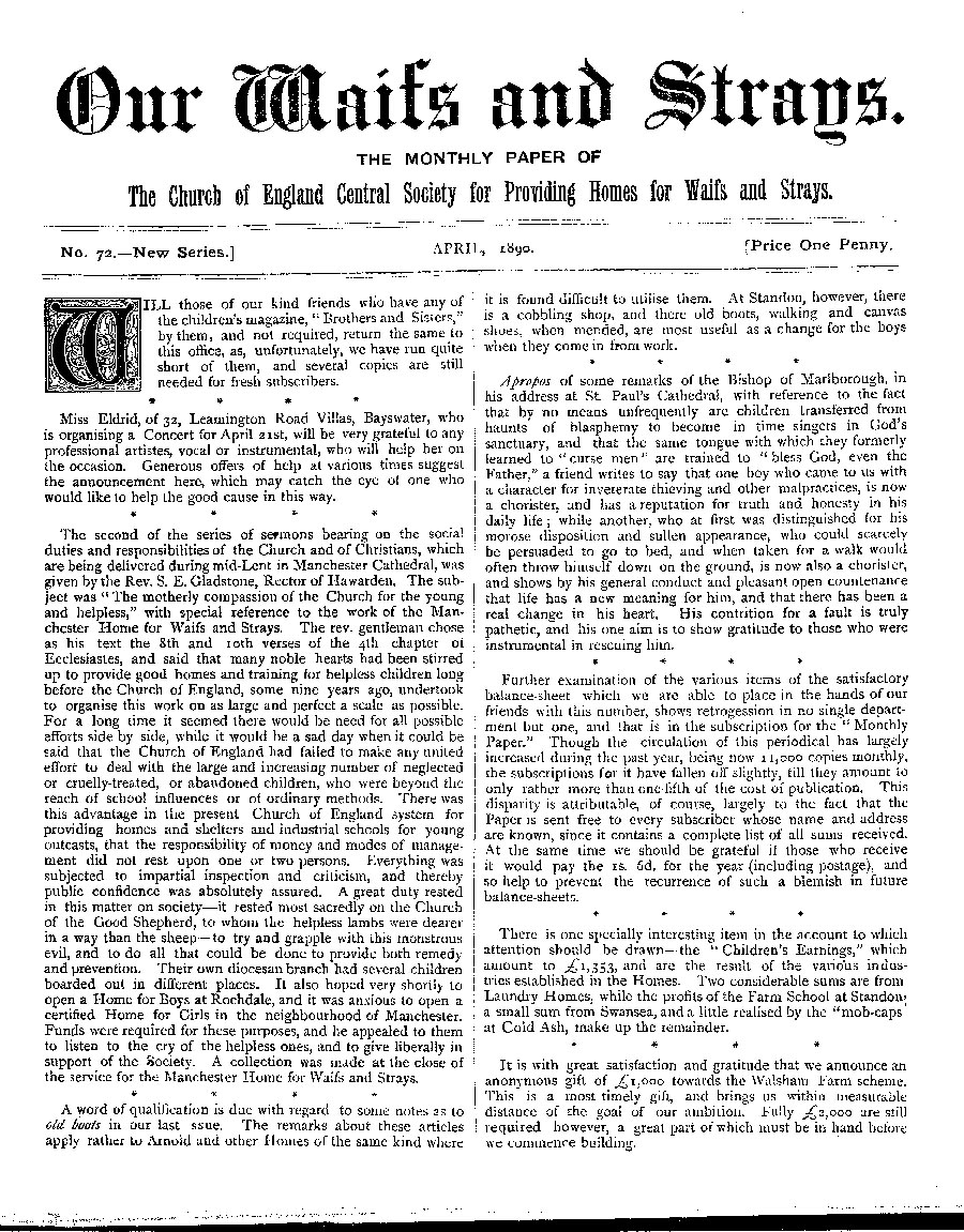 Our Waifs and Strays April 1890 - page 1