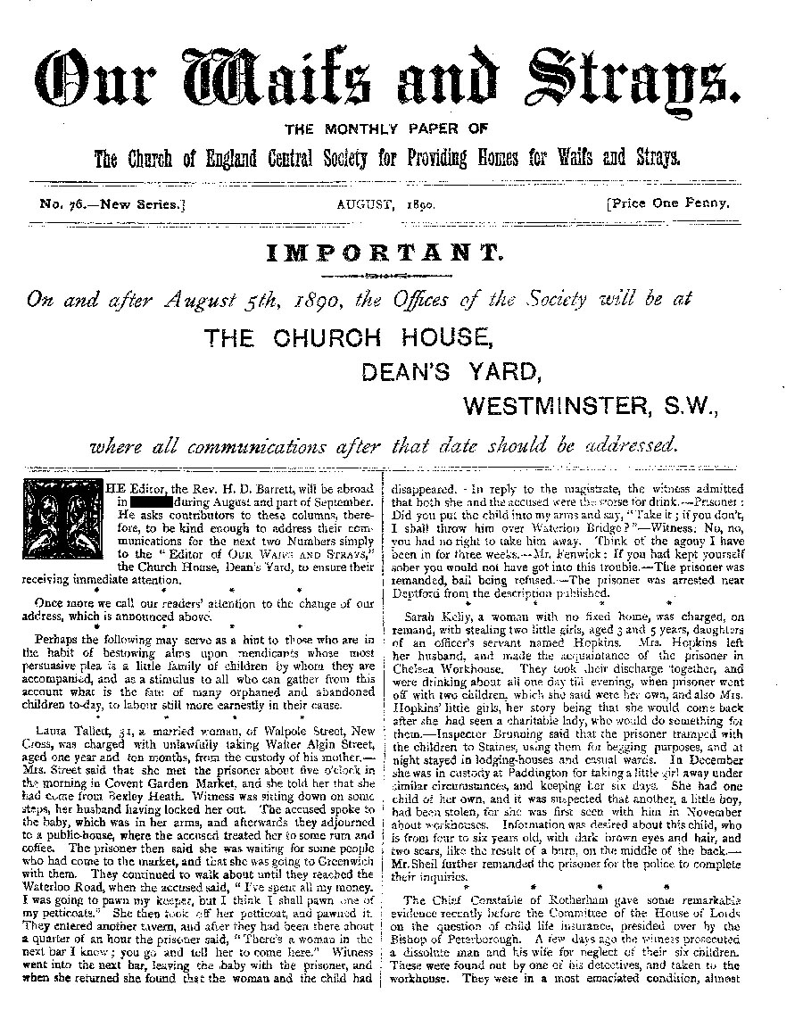 Our Waifs and Strays August 1890 - page 1