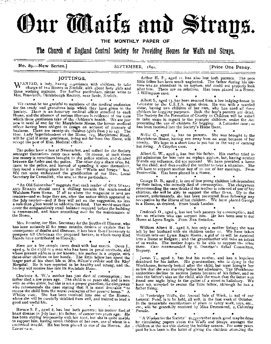 Our Waifs and Strays September 1891 - page 1