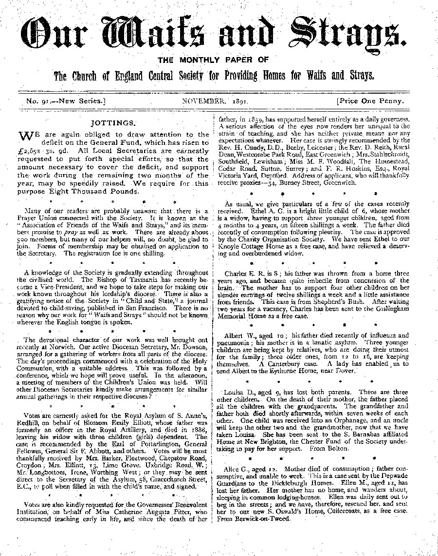 Our Waifs and Strays November 1891 - page 1