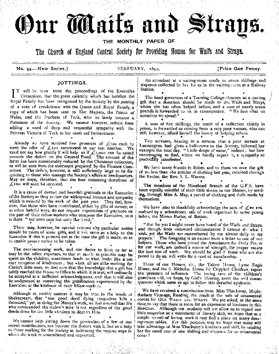 Our Waifs and Strays February 1892 - page 1