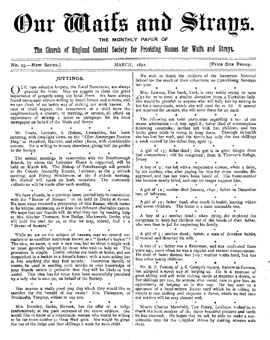 Our Waifs and Strays March 1892 - page 1