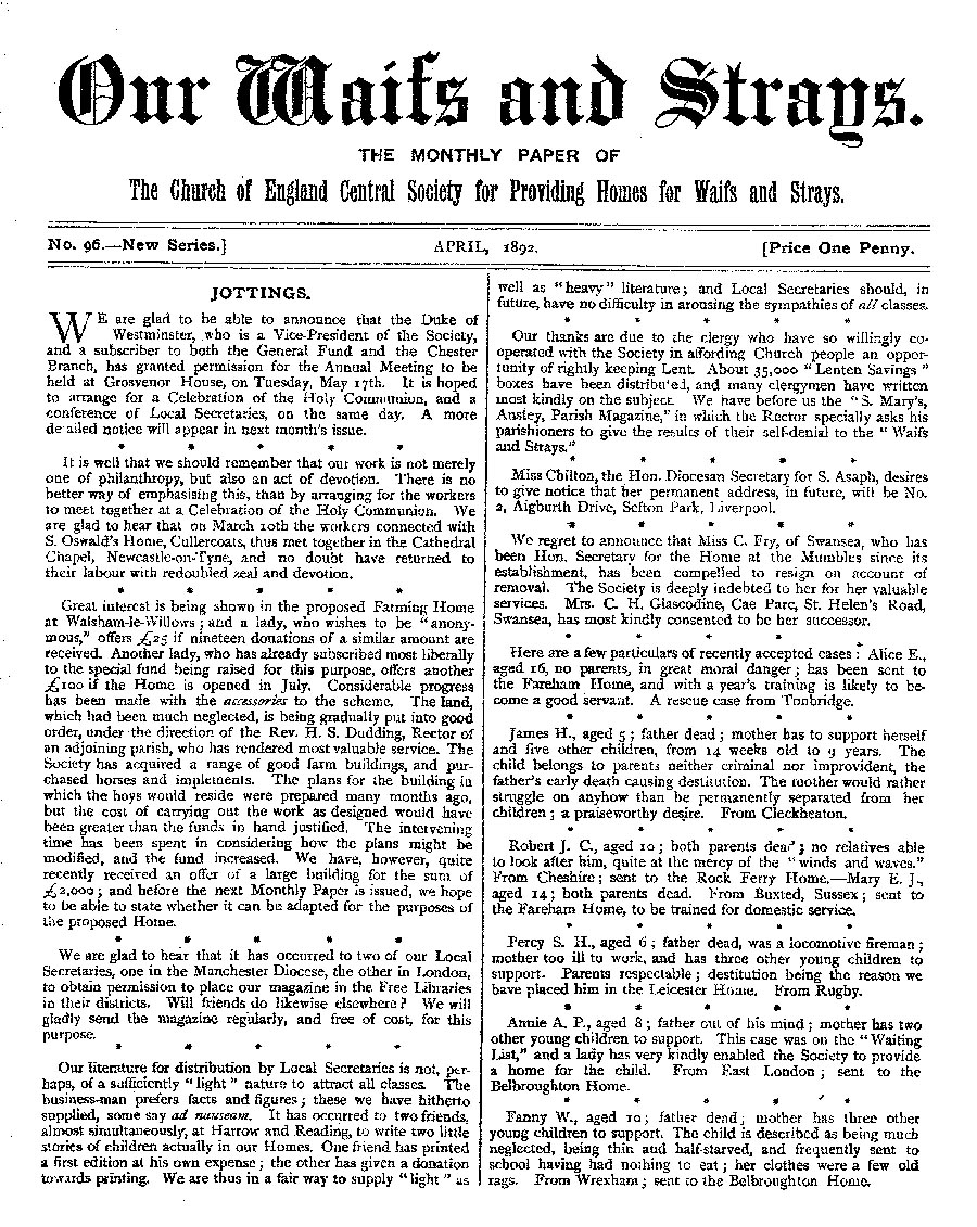 Our Waifs and Strays April 1892 - page 1