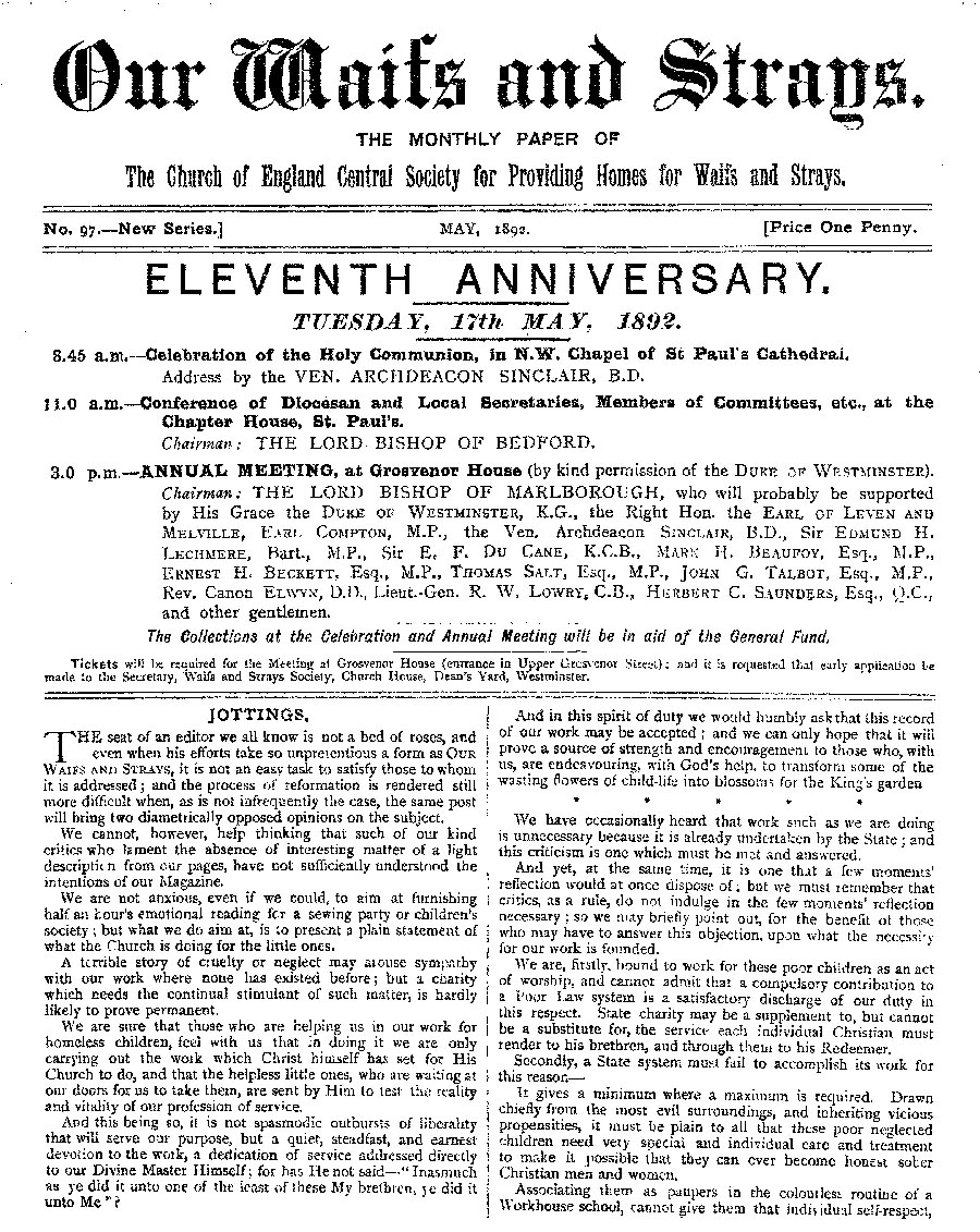 Our Waifs and Strays May 1892 - page 1