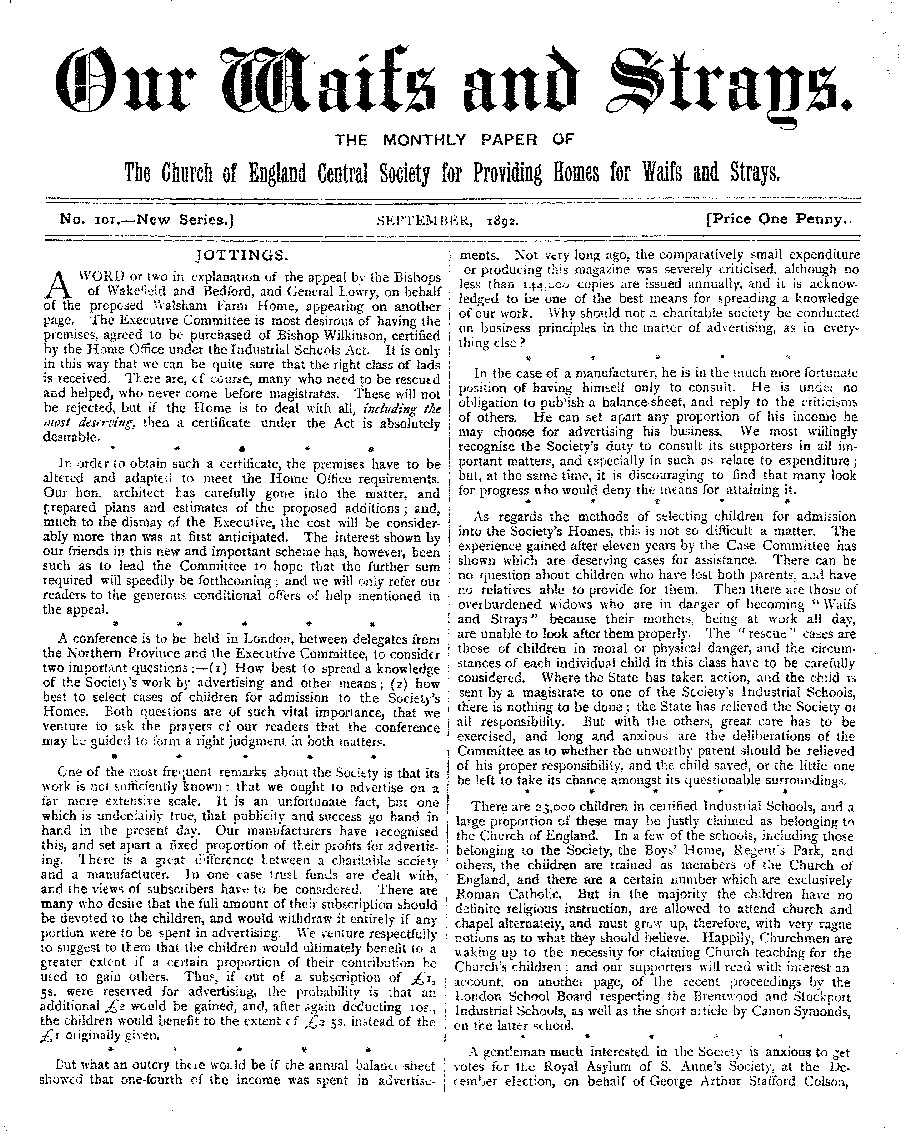 Our Waifs and Strays September 1892 - page 1