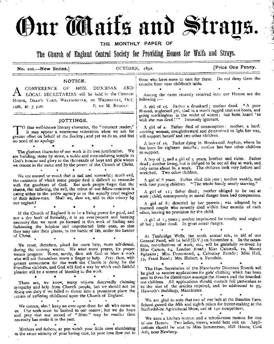 Our Waifs and Strays October 1892 - page 1