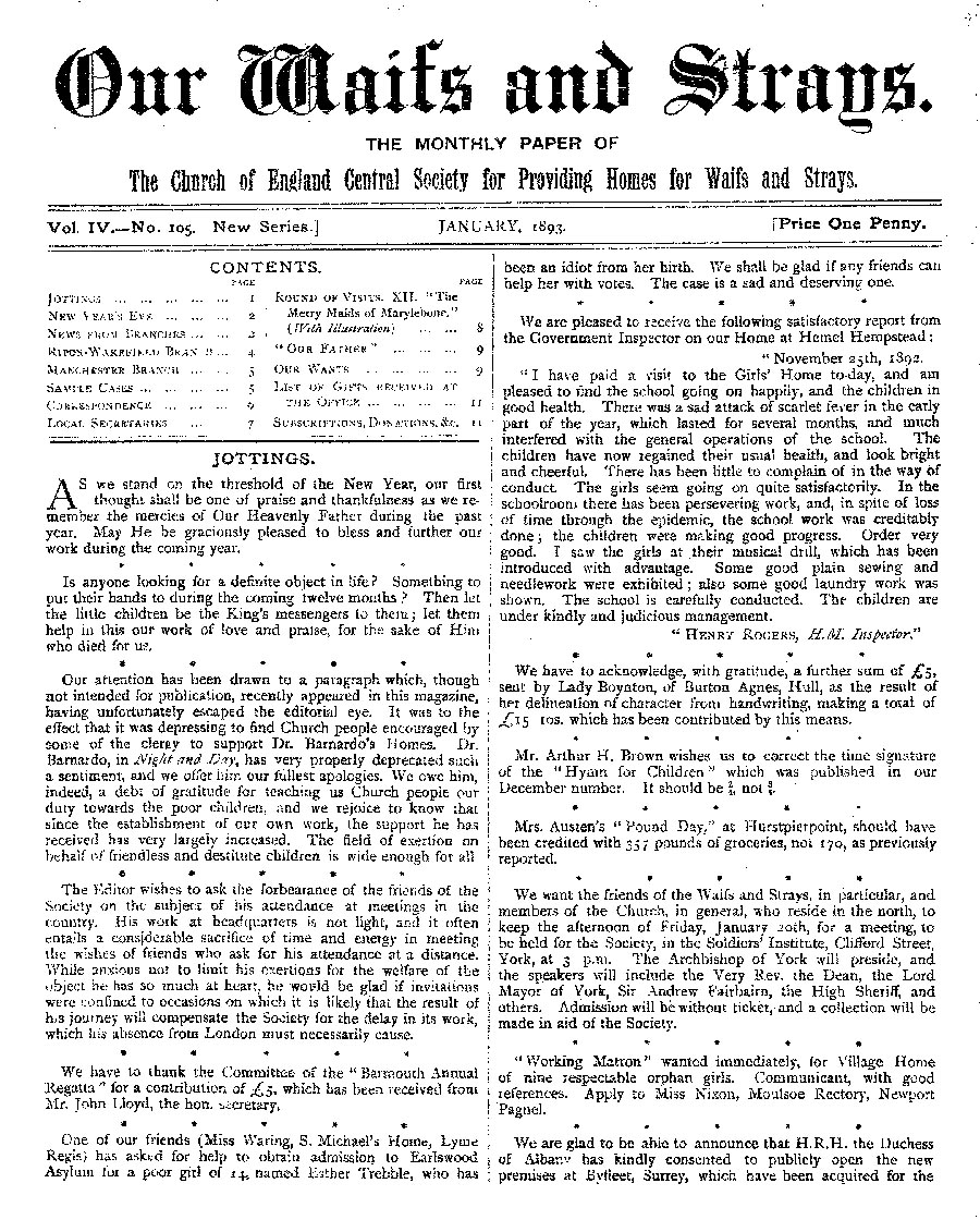 Our Waifs and Strays January 1893 - page 1