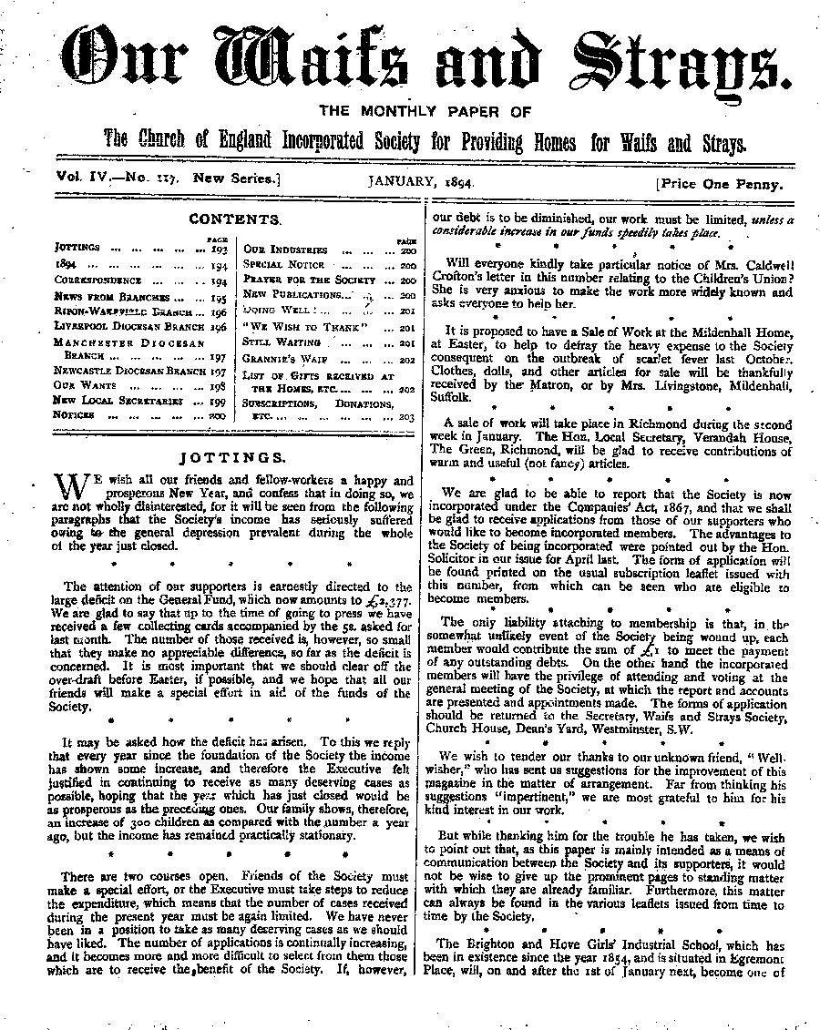 Our Waifs and Strays January 1894 - page 1