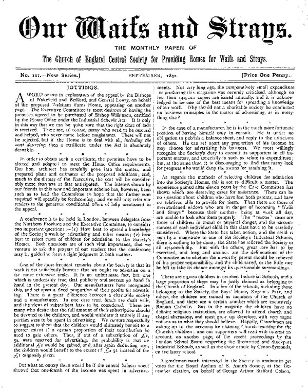 Our Waifs and Strays September 1892 - page 1