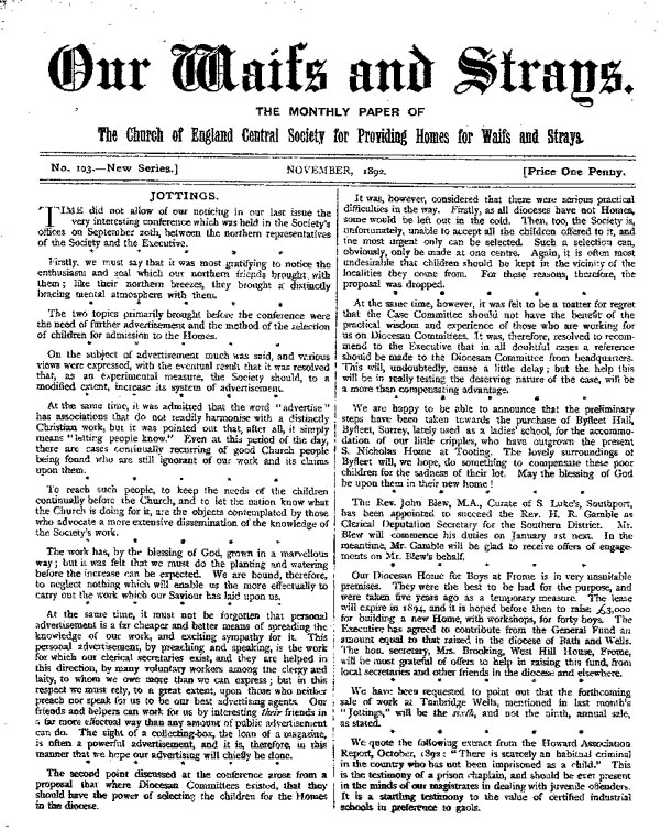 Our Waifs and Strays November 1892 - page 1